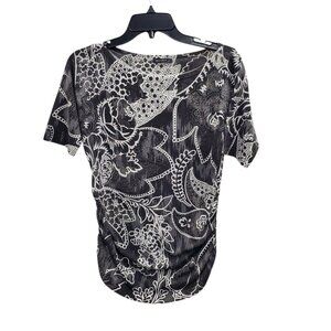 Nally & Millie Women's Y2K Black White Abstract Ruched Sides Sublimation Top M